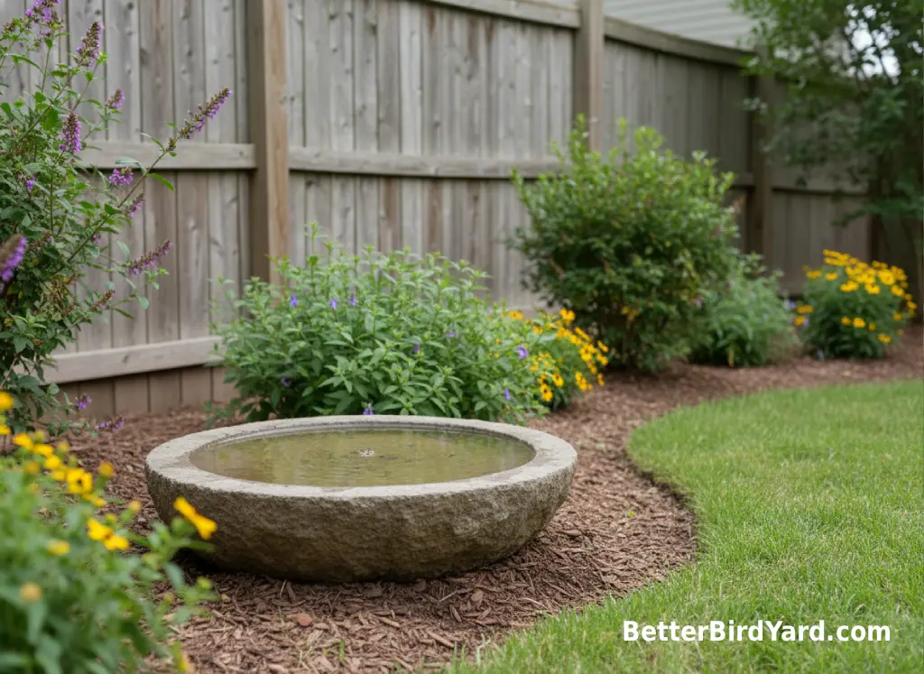 A shallow bird bath sits beside native shrubs in a small summer backyard garden.