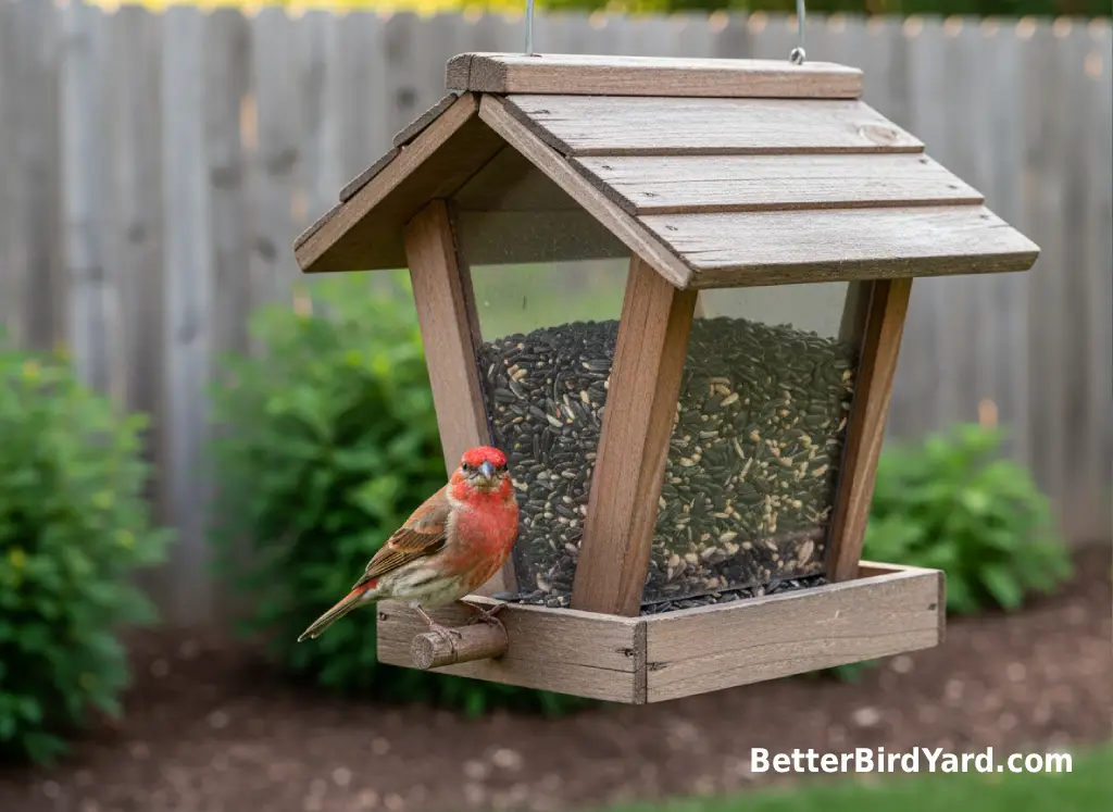 A small hopper feeder holds fresh sunflower seed in a summer backyard.