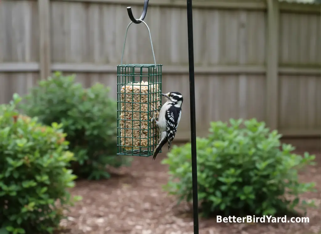 A shaded suet cage hangs from a feeder pole near shrubs in a summer yard.
