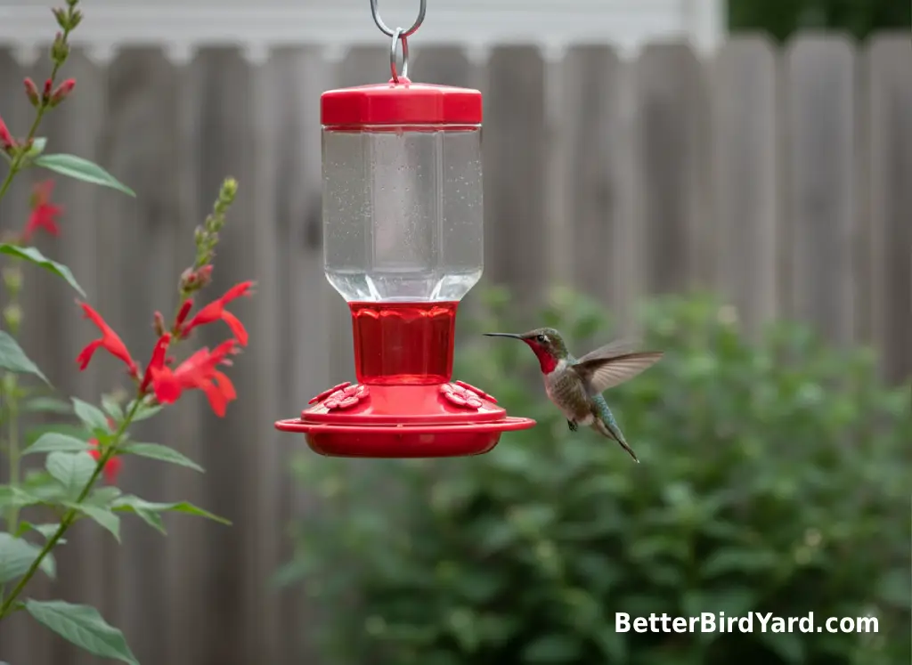 A clean hummingbird feeder hangs in shade near red flowers on a summer patio.