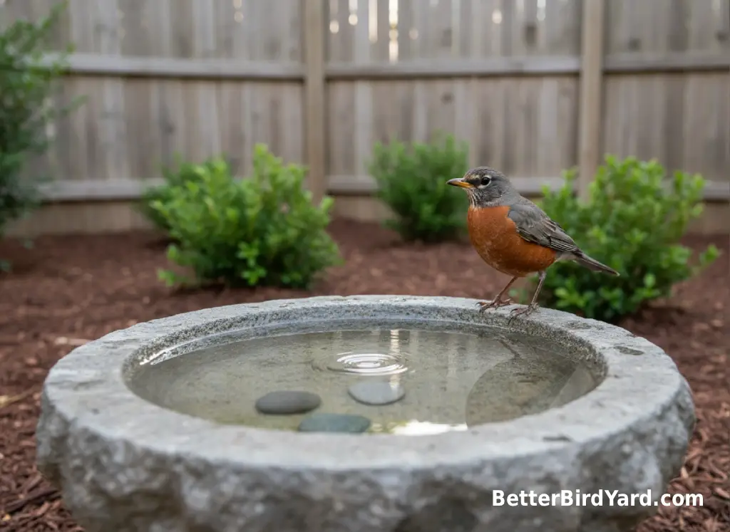 A shallow bird bath with clear water sits beside shrubs in a summer backyard.