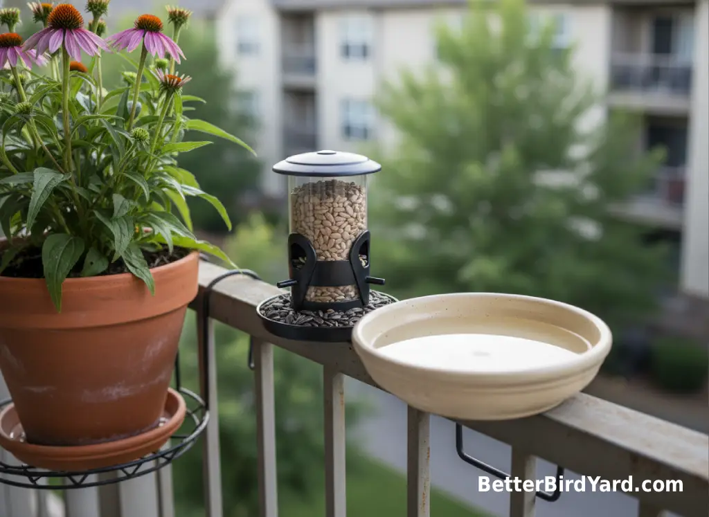 A compact balcony feeder sits beside a shallow water dish and potted flowers.