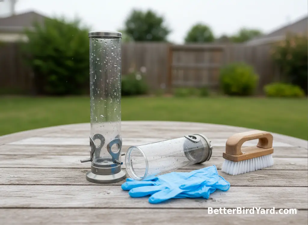 An empty feeder, gloves, and cleaning brush are arranged on a patio table.