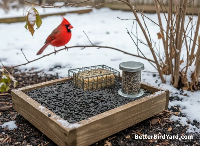 A winter feeder tray displays black-oil sunflower seed, suet, and a small dish of nyjer seed.