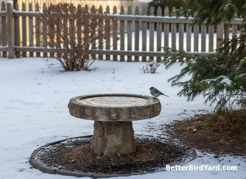 A shallow heated bird bath sits near native shrubs in a snowy backyard.