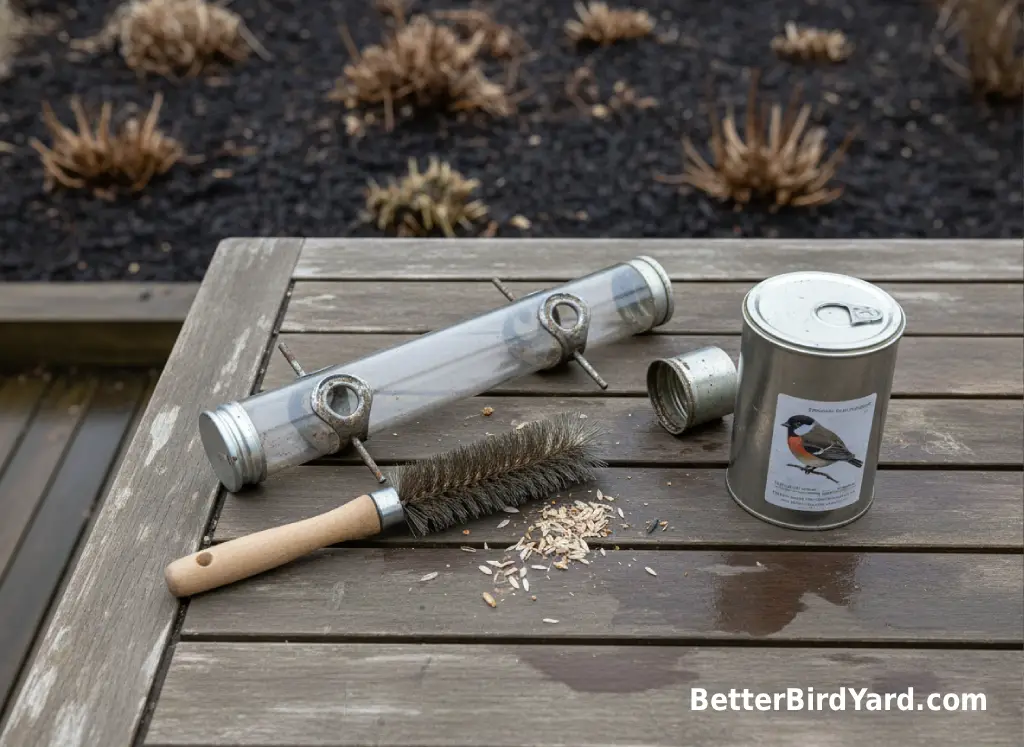 A feeder, brush, and sealed seed container sit on a winter patio cleaning station.