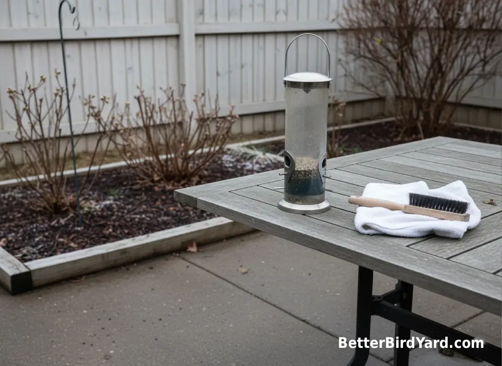 A clean feeder has been removed from its hook beside a small winter garden after a feeding pause.