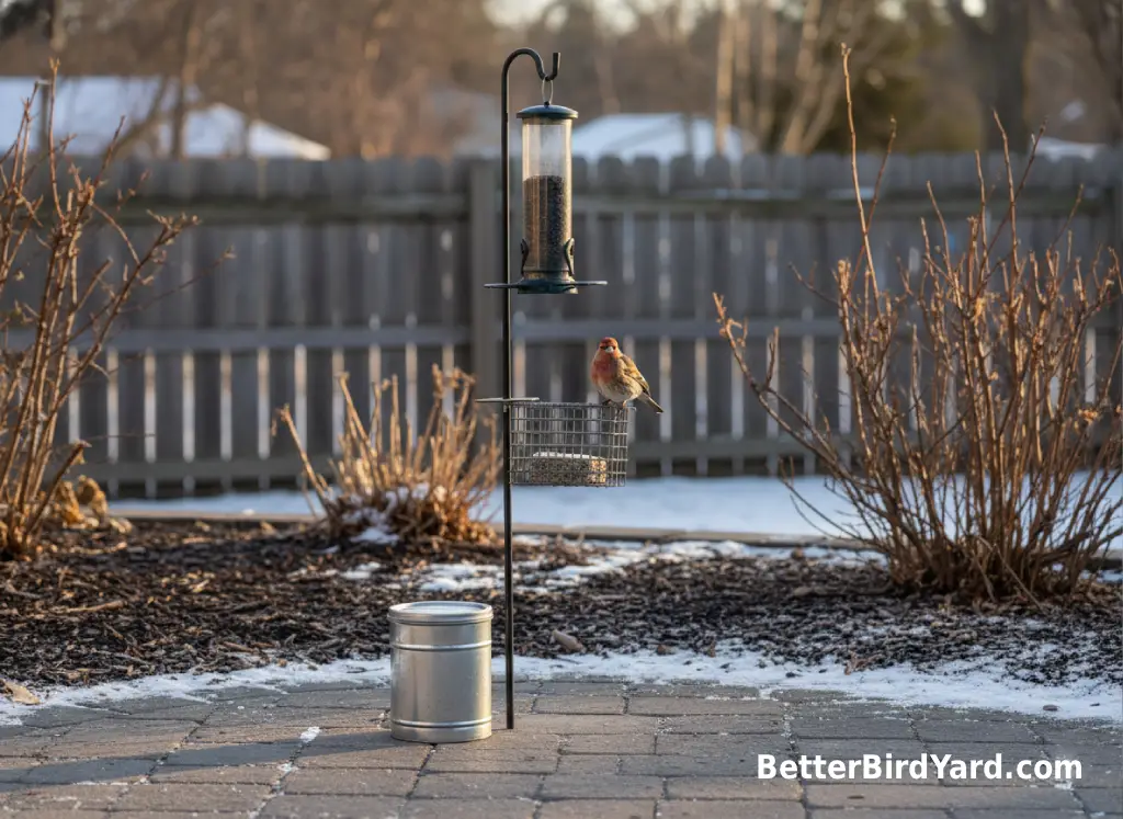 A small patio bird feeding station has one tube feeder, one suet cage, and a sealed seed can nearby.