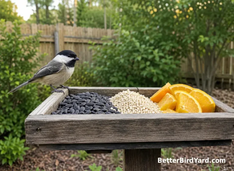 A clean platform feeder holds sunflower seed, millet, and fruit in a small backyard garden.