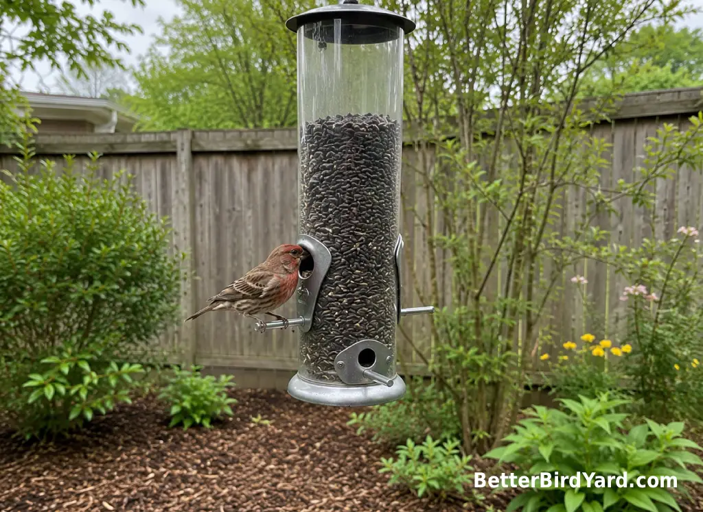 A tube feeder with sunflower seed hangs above mulch near native shrubs.