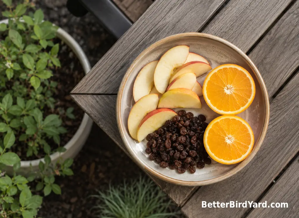 Small pieces of apple, orange, and soaked raisins sit in a shallow feeder dish.