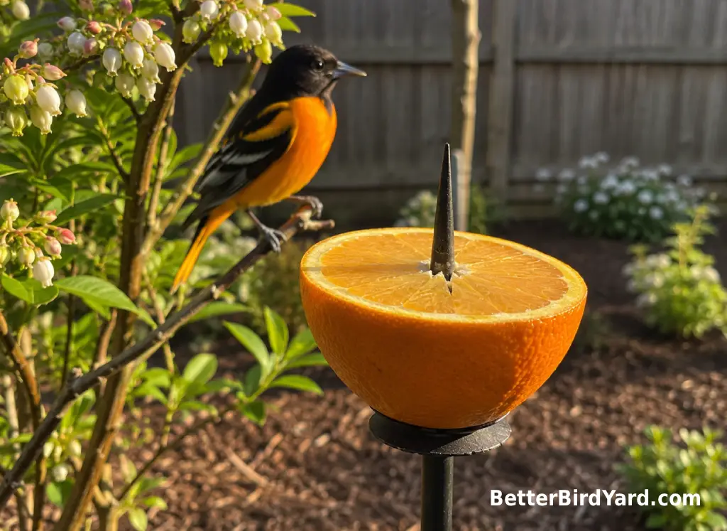 An orange half is secured on a simple fruit feeder near a flowering shrub.
