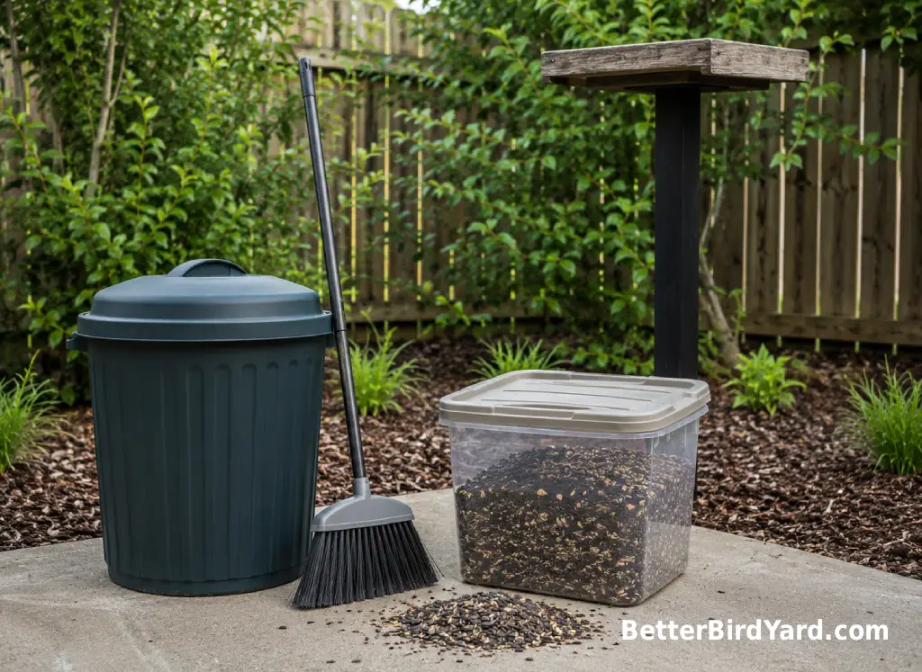 A clean feeder area shows discarded spoiled food being kept away from bird feeders.