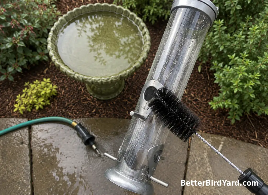 A clean bird feeder is being scrubbed beside a bird bath and garden hose.