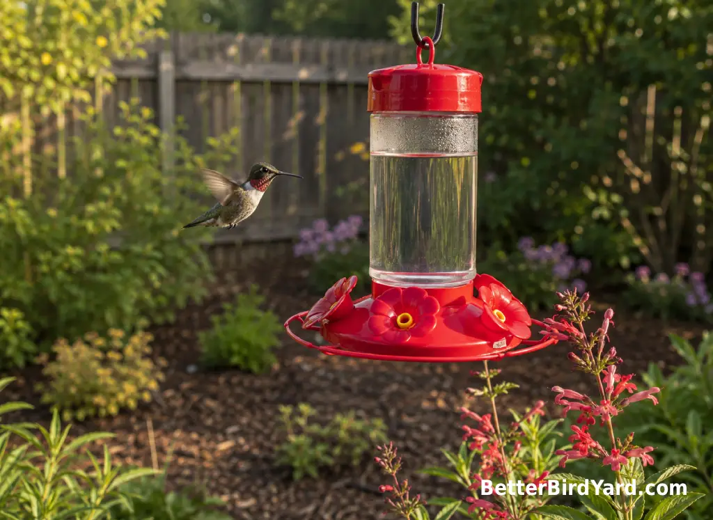 A clean red hummingbird feeder hangs near flowers in a small backyard garden.