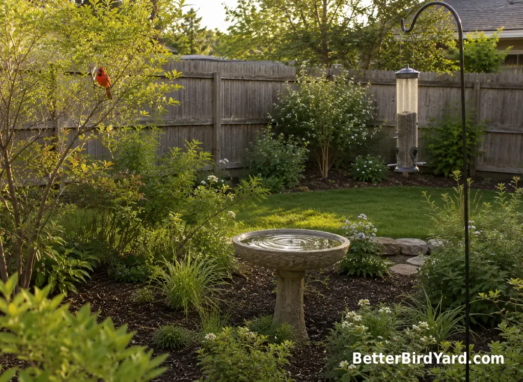 A small bird-friendly backyard has native shrubs, a bird bath, and one clean feeder.