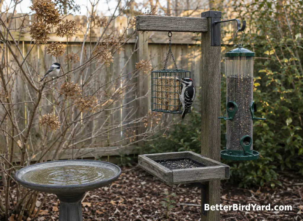 A simple backyard feeding station has one tube feeder, one suet cage, and a clean bird bath.