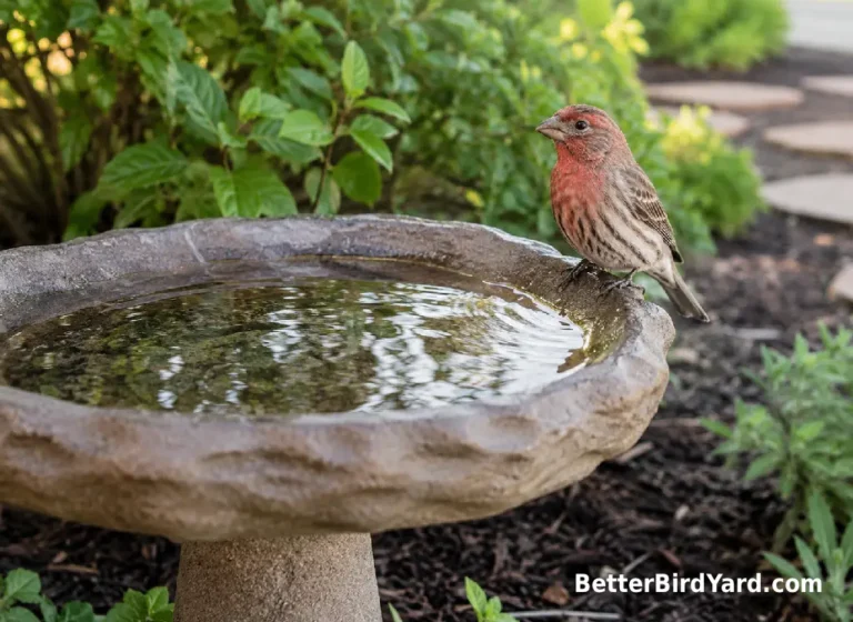 A House Finch perches on the rim of a shallow bird bath with clean water in a backyard garden.