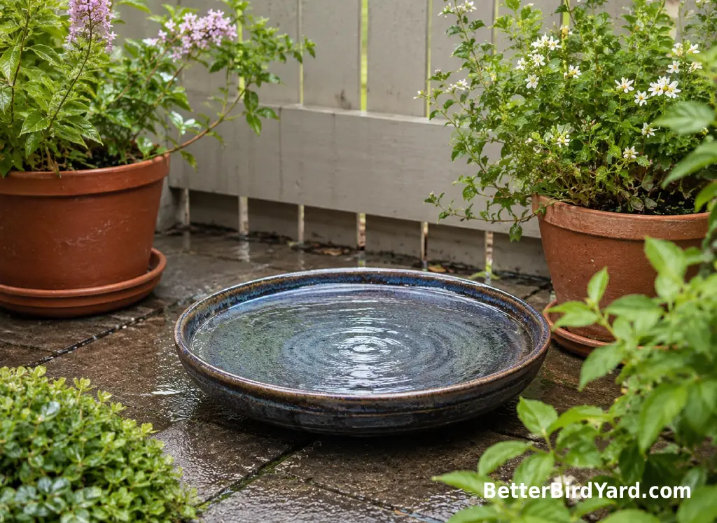 A shallow patio bird bath with rippled water sits beside potted native plants.