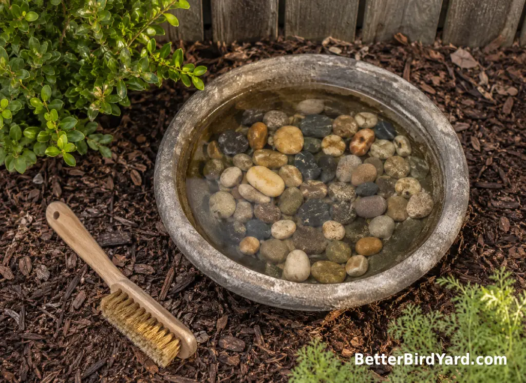 A shallow bird bath with small stones and clean water sits in a mulched backyard garden bed.