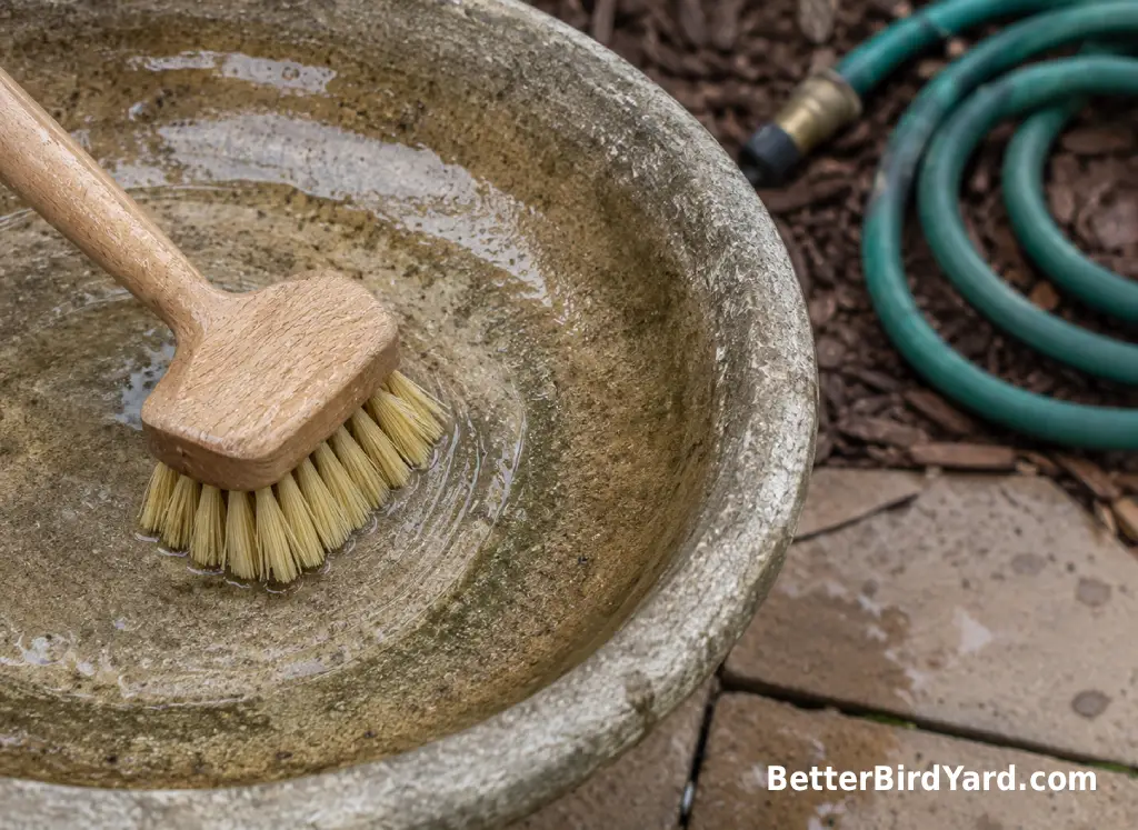 A bird bath basin is scrubbed clean with a brush beside a garden hose.