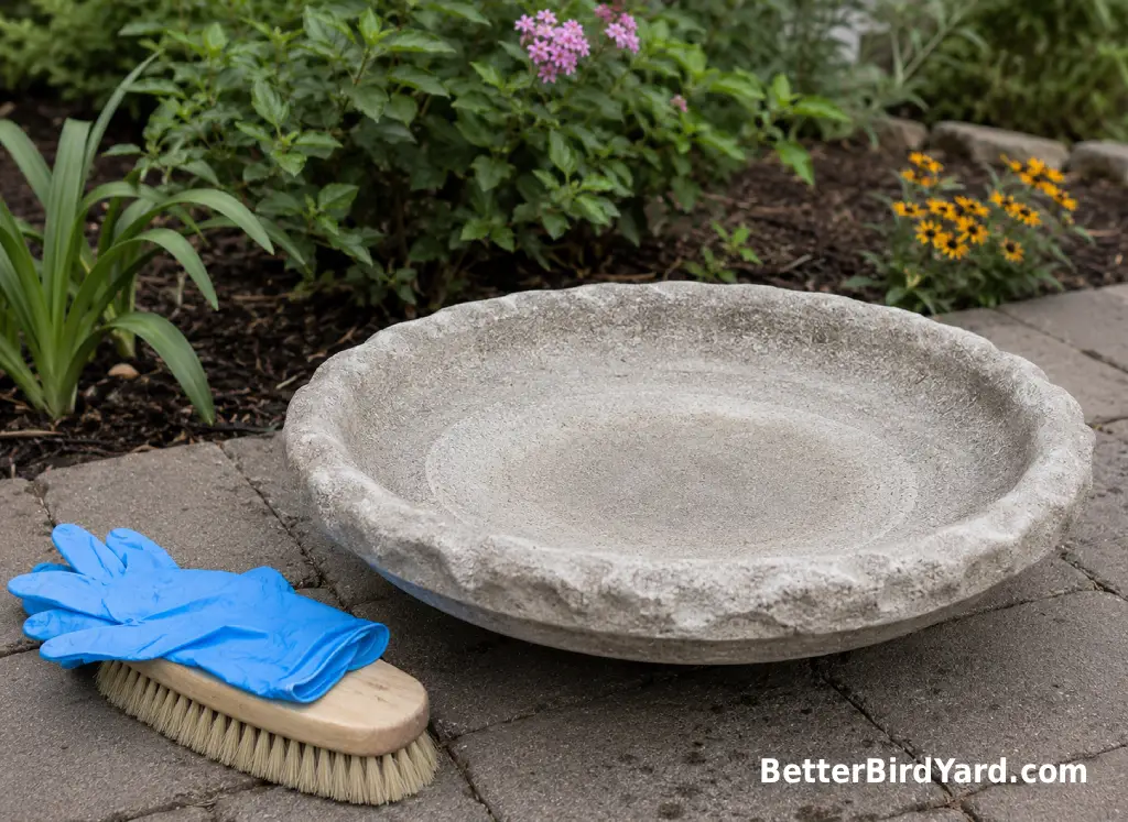An empty cleaned bird bath dries beside a brush and gloves on patio pavers.