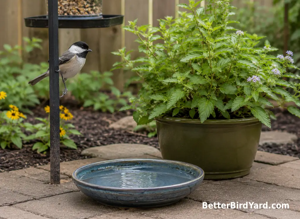 A small clean water dish sits on patio pavers near a native plant and feeder pole.