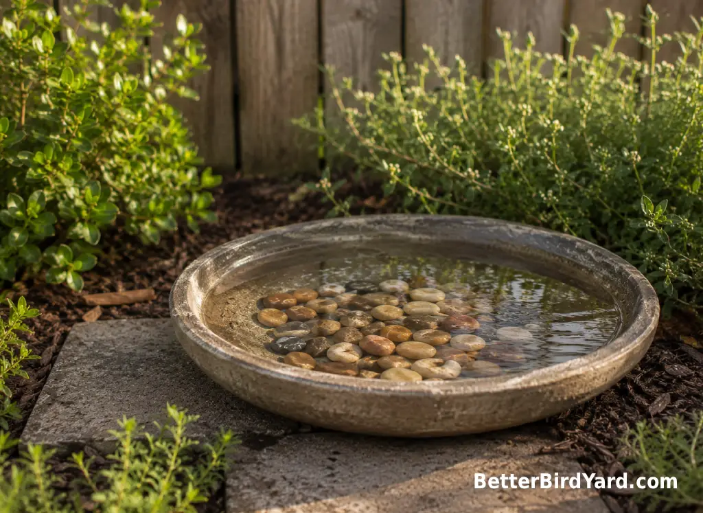 A clean shallow bird bath with stones sits in a quiet backyard garden.