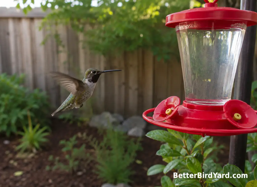 A male Black-chinned Hummingbird hovers near a clean red feeder in a suburban backyard.