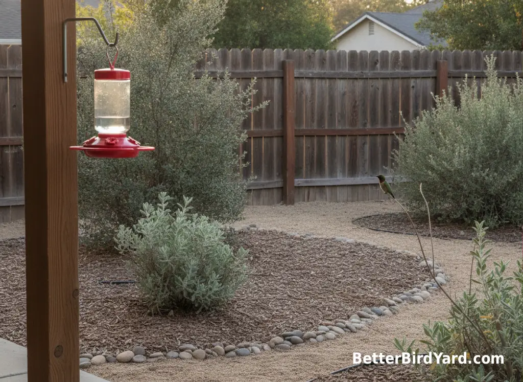 A hummingbird feeder hangs beside native shrubs in a dry western backyard garden.