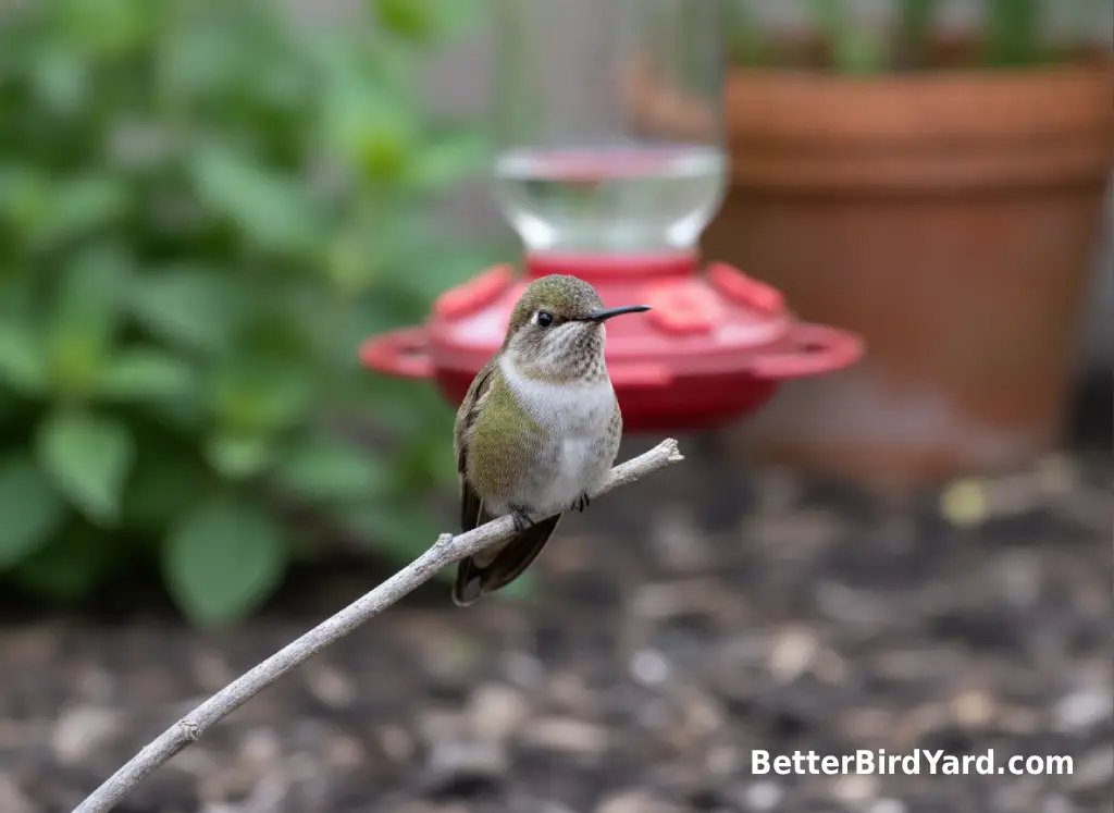 A pale female hummingbird perches on a thin twig near a backyard feeder.