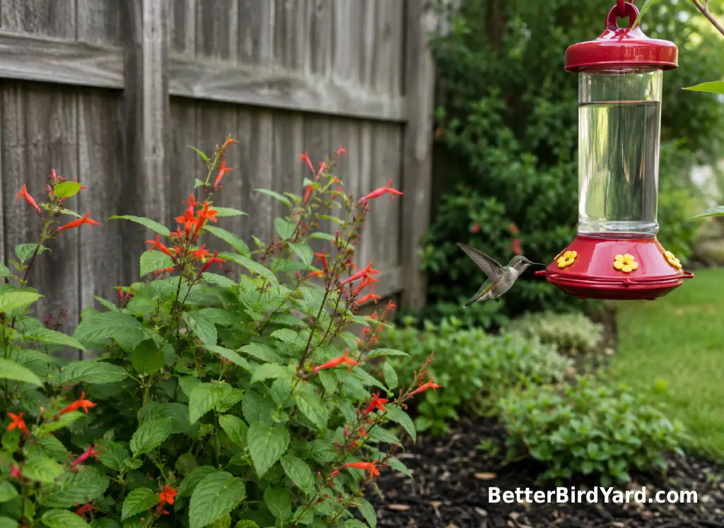 Native tubular flowers grow near a clean hummingbird feeder in a small backyard bed.