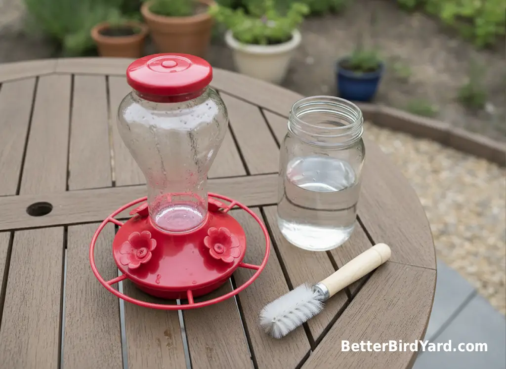 A clean hummingbird feeder sits beside a brush and fresh clear nectar on a patio table.