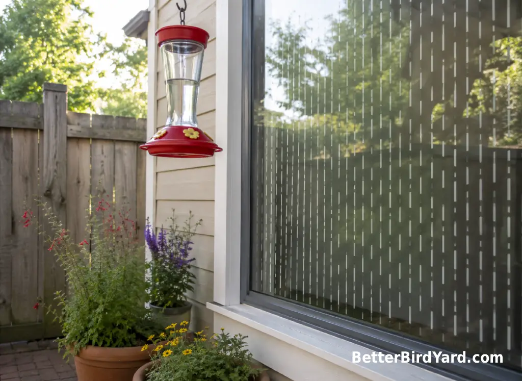 A hummingbird feeder hangs near a window with visible bird-safe exterior markings.