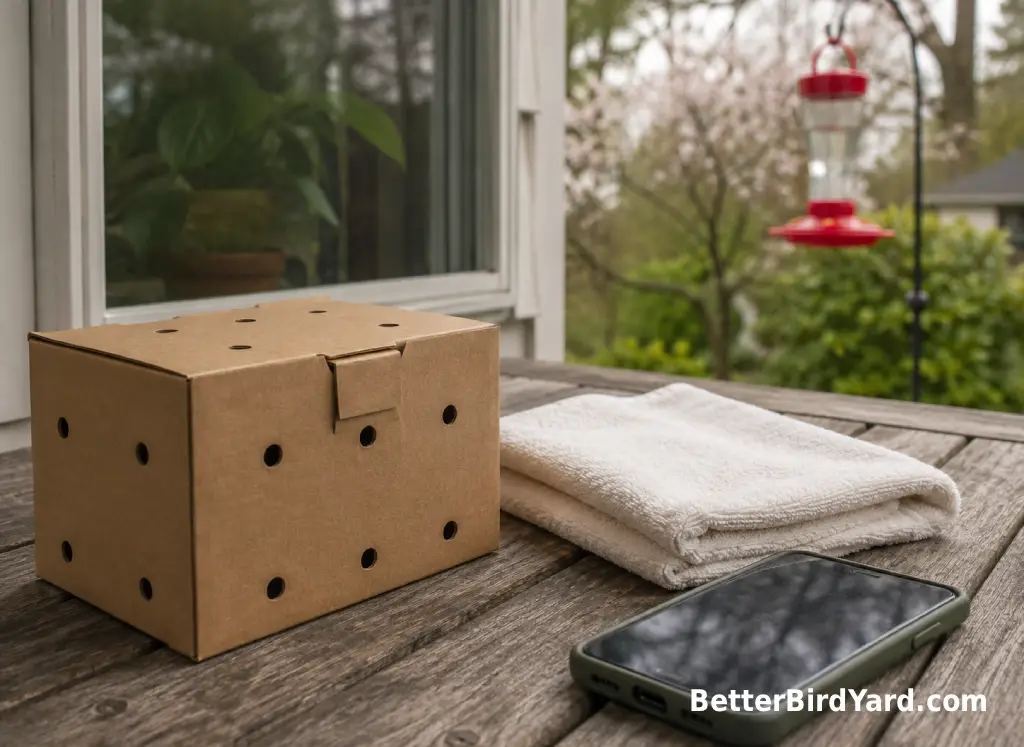 A clean covered box and phone sit near a backyard window as a safe wildlife-help setup.