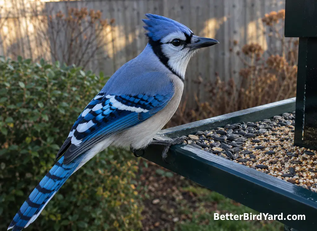 A Blue Jay with a crest perches near a clean backyard platform feeder.
