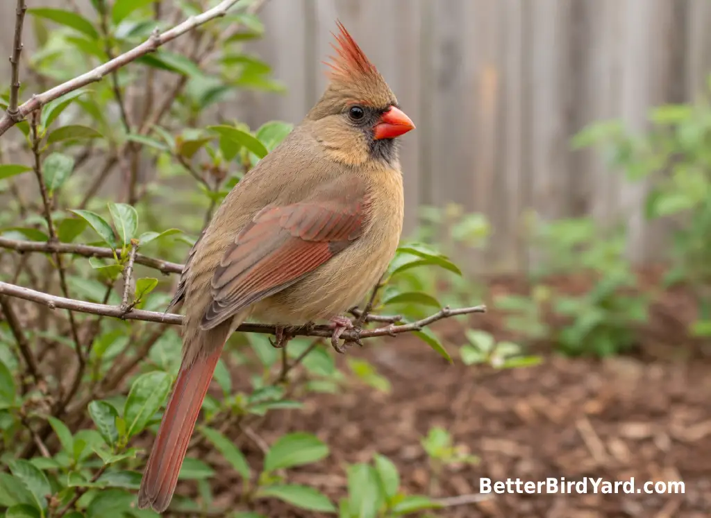 A female Northern Cardinal rests on a shrub branch in a small backyard garden.