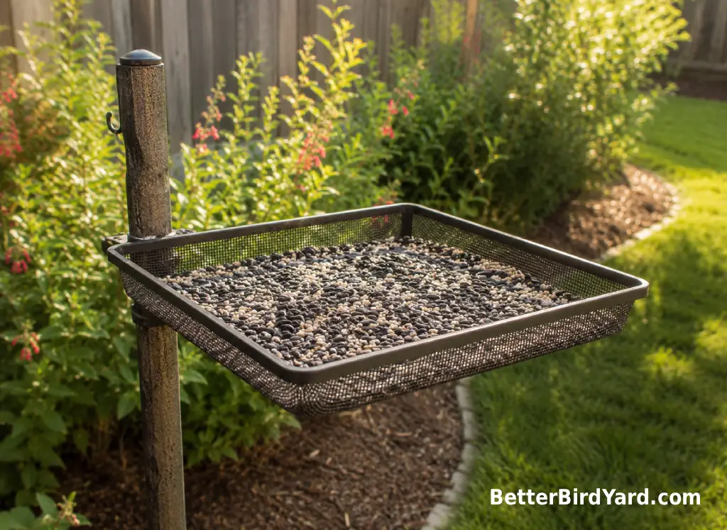A clean platform feeder holds sunflower and safflower seed near backyard shrubs.