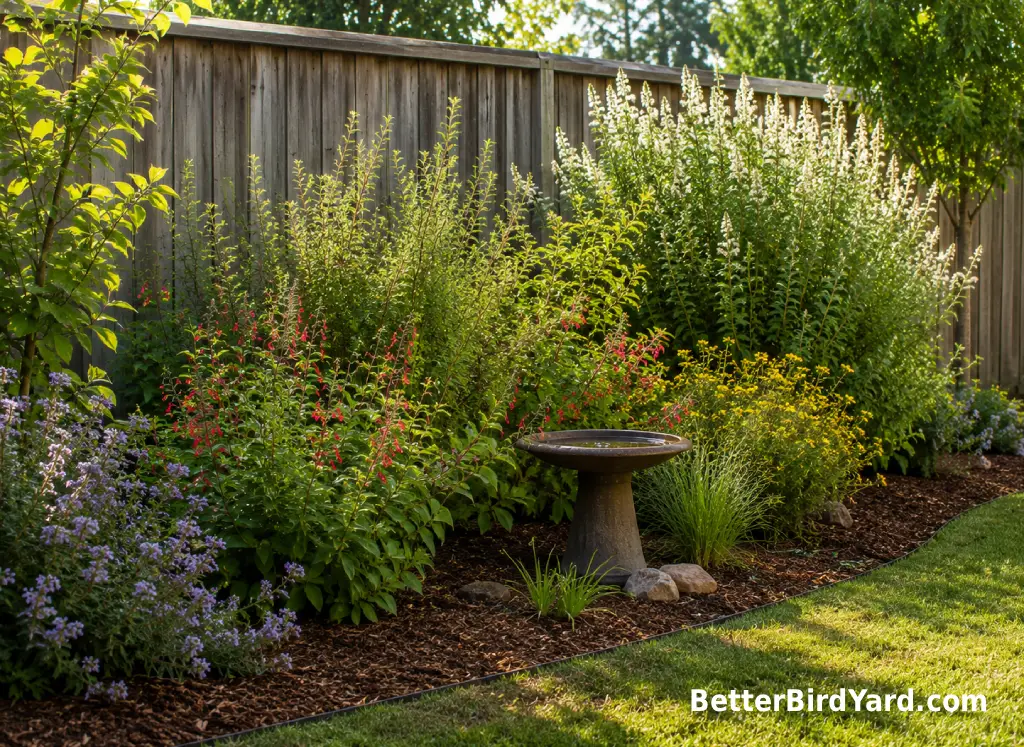 Dense shrubs and a clean bird bath sit along a backyard fence.