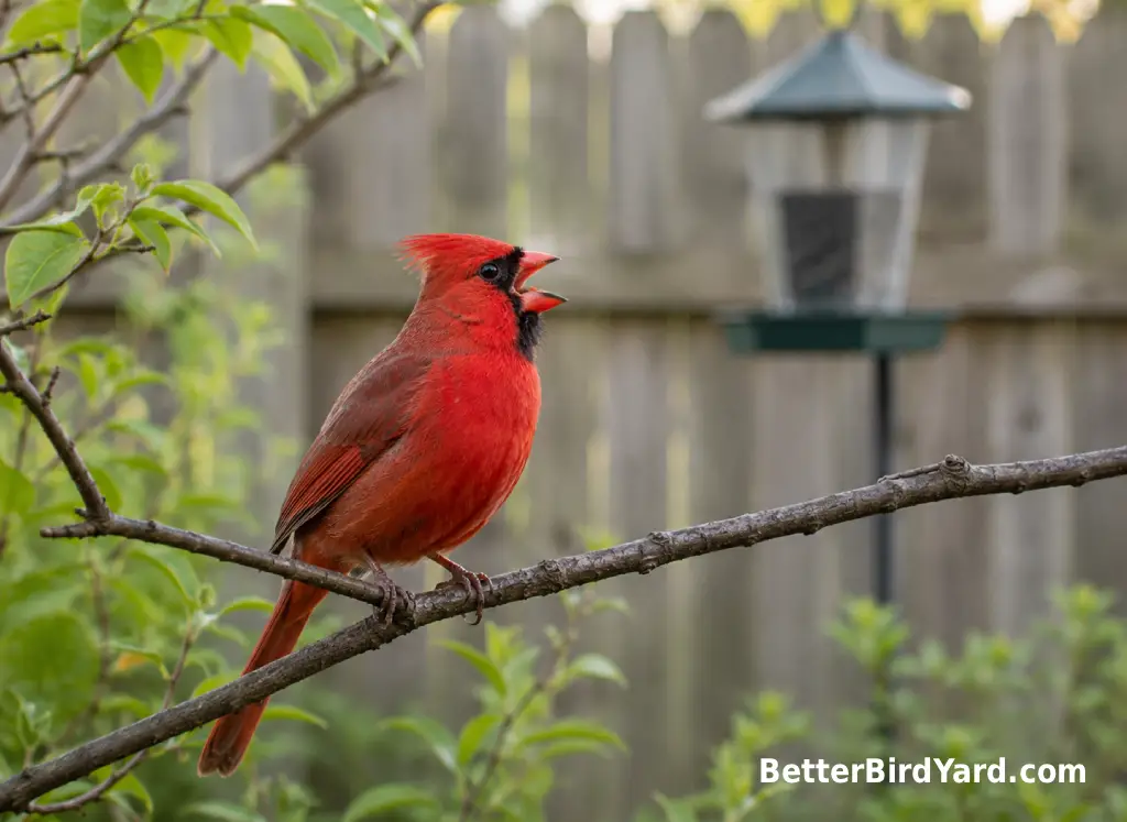 A male Northern Cardinal sings from a low backyard branch near a wooden fence.