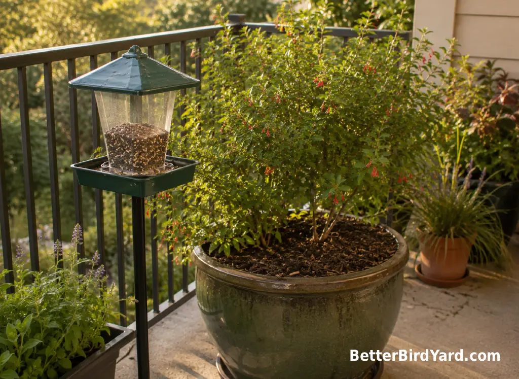 A compact hopper feeder stands beside a potted shrub on a small patio.