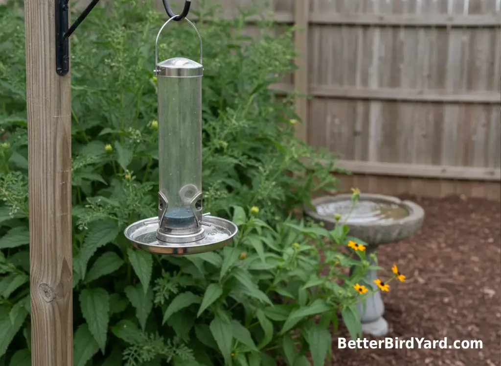 A clean empty feeder hangs near shrubs and a bird bath in a backyard.
