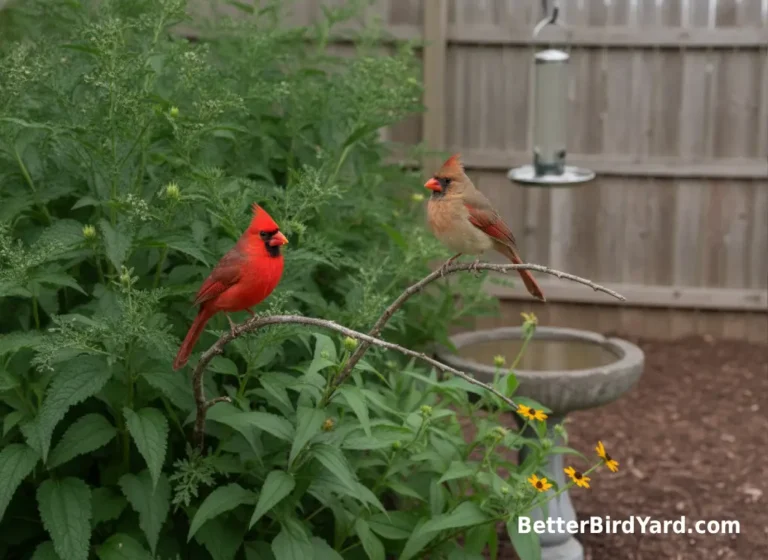 A male and female Northern Cardinal perch in shrubs near a backyard fence.