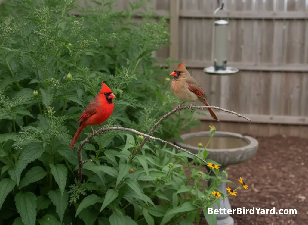 A male and female Northern Cardinal perch in shrubs near a backyard fence.