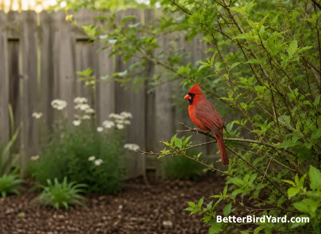 A male Northern Cardinal perches beside dense shrubs in a backyard garden.