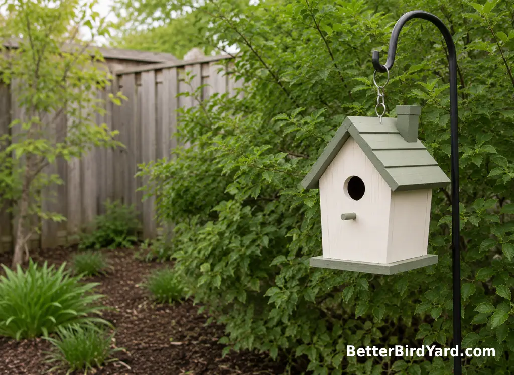 An empty decorative bird house hangs near shrubs in a backyard garden bed.