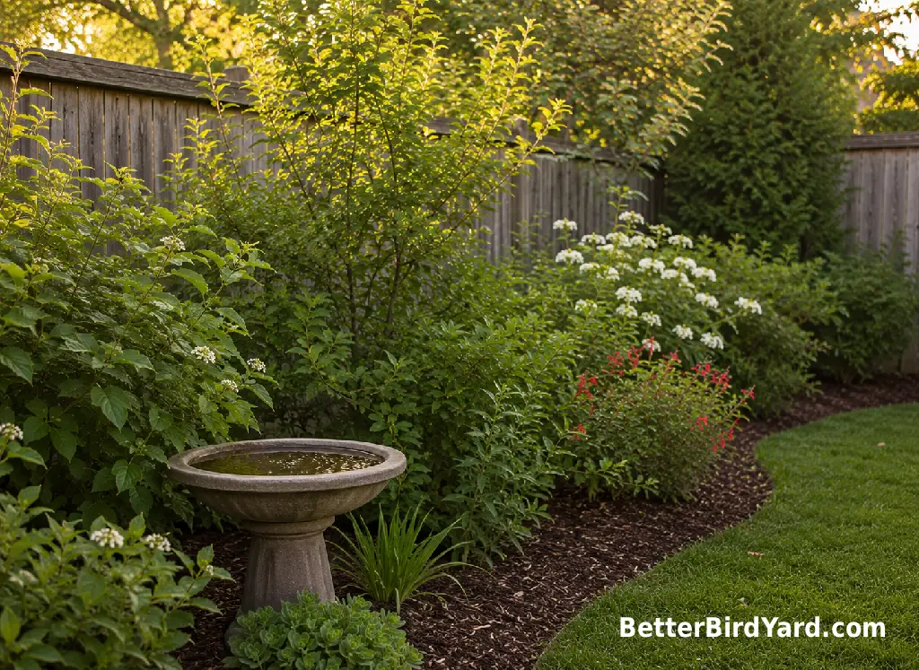 Dense backyard shrubs and a shallow bird bath create a sheltered bird-friendly corner.