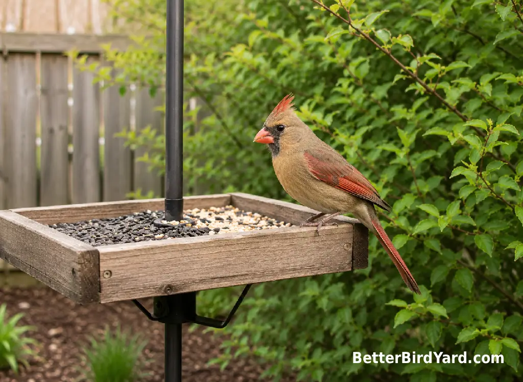 A female Northern Cardinal perches on a platform feeder filled with sunflower and safflower seeds.