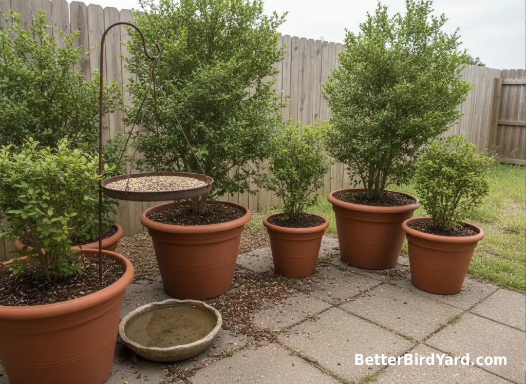 A small patio garden uses container shrubs, a feeder, and shallow water for backyard birds.