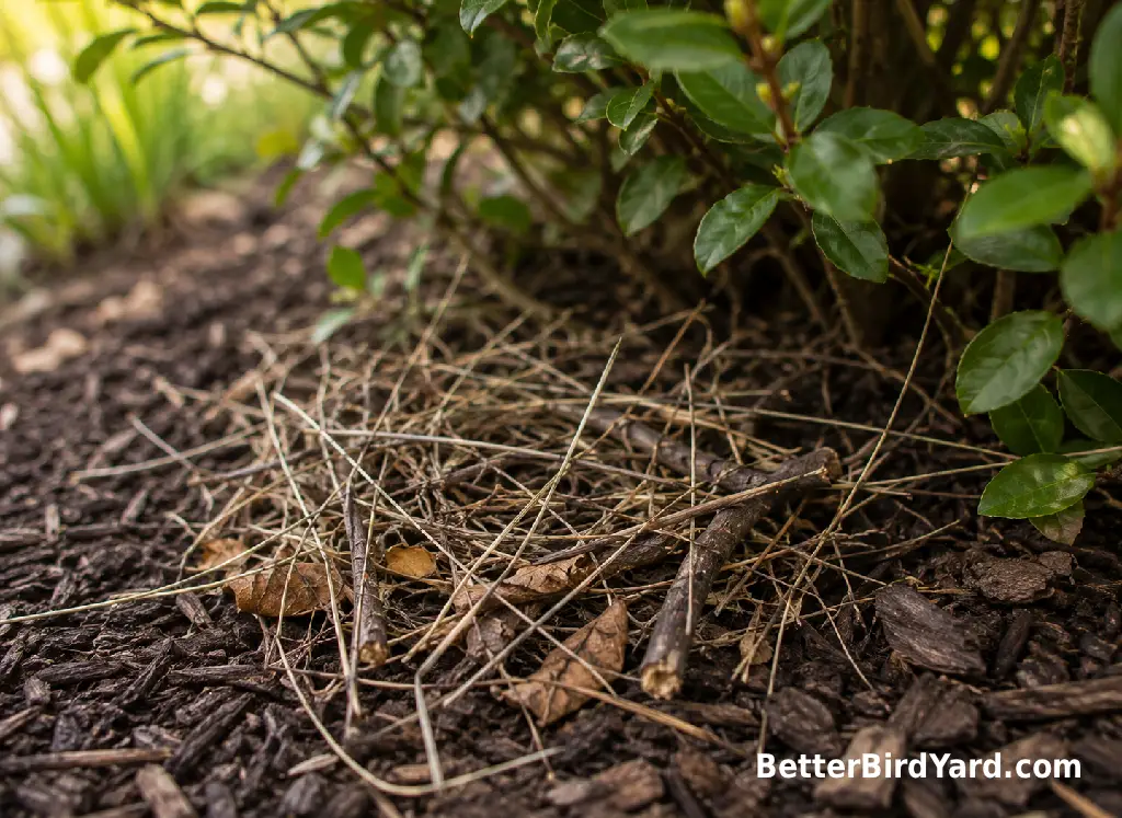 Natural twigs and dry grasses rest near shrubs in a backyard planting bed.